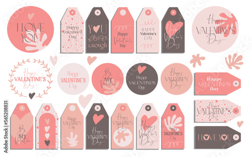 Vector Valentine's Day gift tags, stickers, printables in cute pinky colors with hearts. Collection of modern neutral boho esthetic printable quirky typography designs. Soft feminine vintage feel