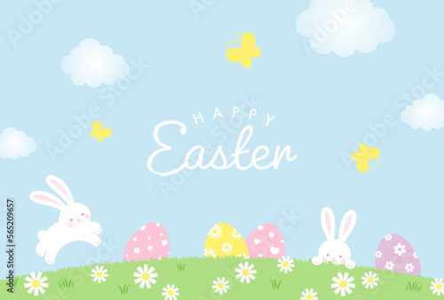 easter vector background with bunny, eggs and flowers for banners, cards, flyers, social media wallpapers, etc.