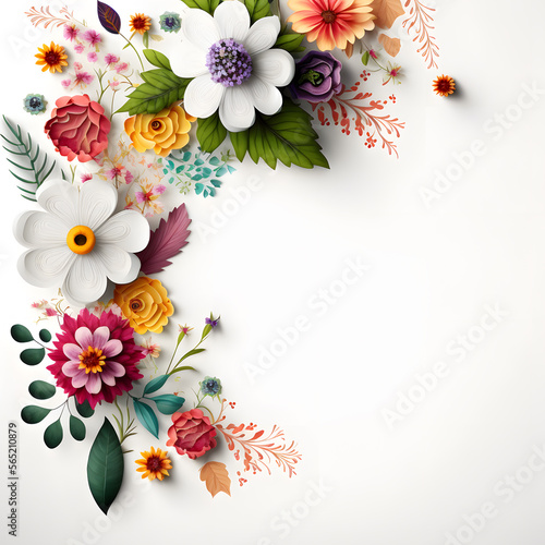 a white background topped with lots of flowers  blank space made with Generative AI technology