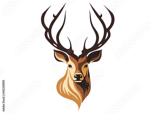 logo with the head of a beautiful elegant deer with antlers drawn in flat design style in brown and beige colors, isolated over white background - symbol for a brand label