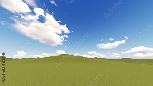 Green grass hill field under blue sky. 3D illustration. 3D rendering.