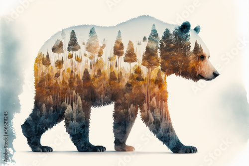 Bear and Forest Watercolor Double Exposure