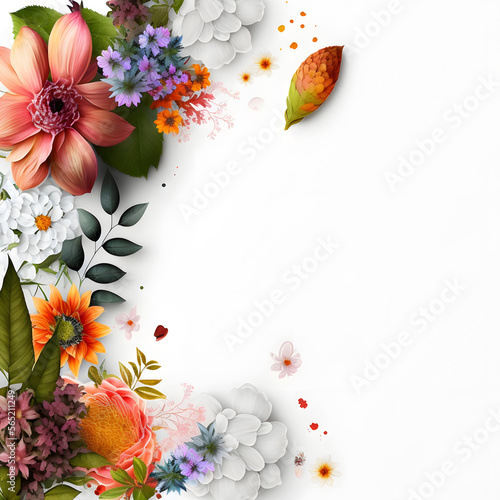 a white background topped with lots of flowers  blank space made with Generative AI technology