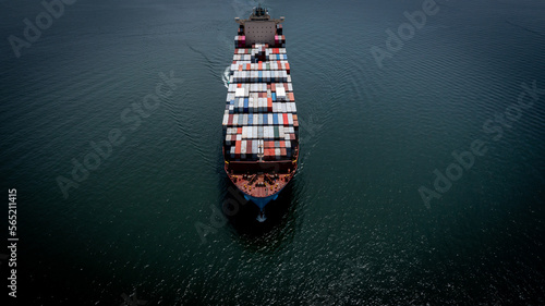 Container ship in import export global business worldwide logistic and transportation, Container ship unloading freight shipment, Aerial view container cargo boat freight ship.