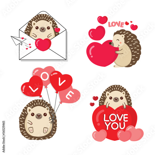 Set of Cute Hedgehog in love for Valentine day. Animal cartoon style.