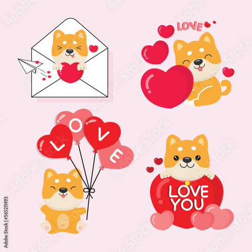 Set of cute Shaiba Dog in love for Valentine day. Animal cartoon style.