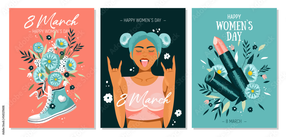 Obraz premium Beautiful trendy set of greeting cards for 8 March. International Women's Day. Teenage girl, with flowers and women's lipstick. Stylish flat graphics and original design