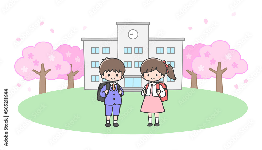 入学式 校舎の前に立つ新一年生の男の子と女の子 入学式 校舎の前に立つ新一年生の男の子と女の子
