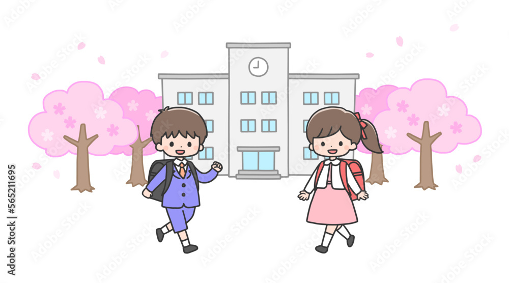 入学式　学校に向かう新一年生の男の子と女の子	