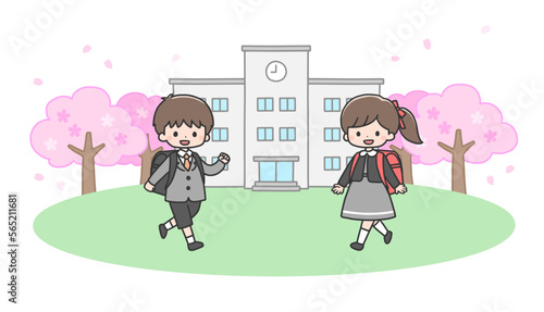 入学式　学校に向かう新一年生の男の子と女の子	