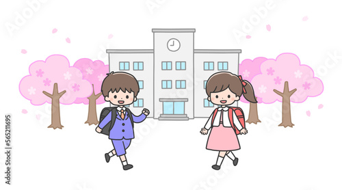入学式　学校に向かう新一年生の男の子と女の子	