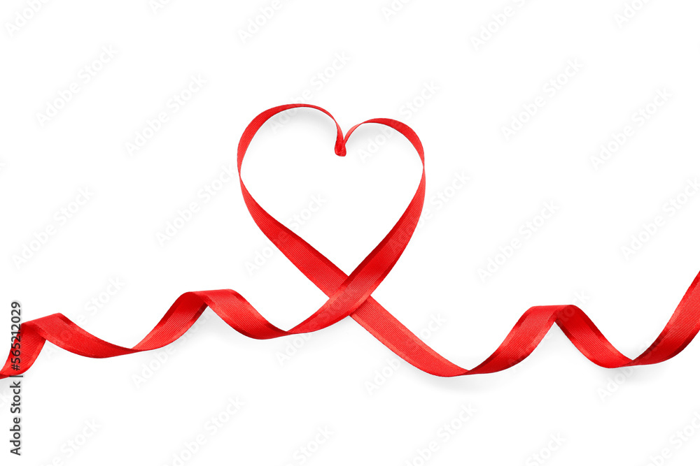 Heart made of red satin ribbon isolated on white background. Valentine's Day celebration