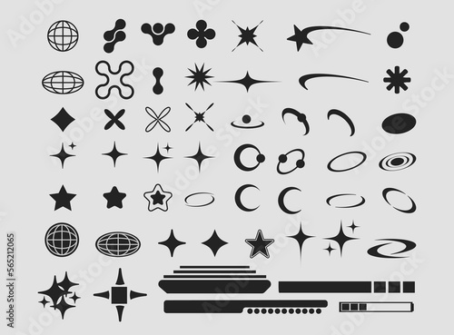 Vector Graphic Assets Set. Bold modern Shapes for Posters Template, flyers, clothes, social media, graphic design, sticker, In Y2k style, Futuristic, Anti-design, Digital Collage, Retro Futurist.	