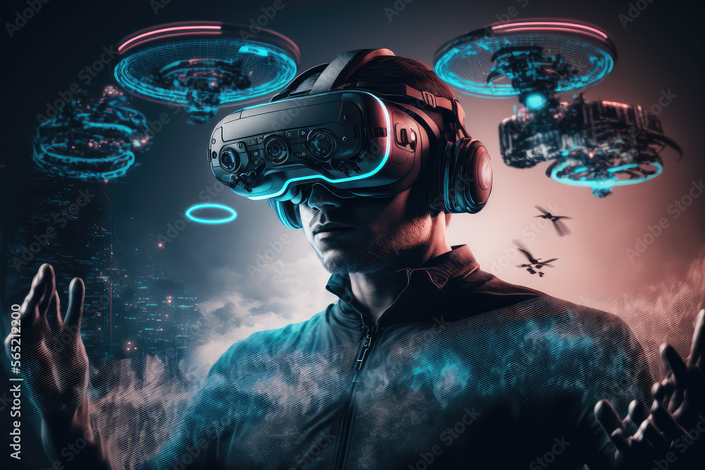 person controlling a drone with a virtual reality headset powered by AI, generative ai person controlling a drone with a virtual reality headset powered by AI, generative ai