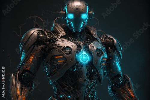 robot with neon-lit eyes and advanced AI capabilities, standing tall and proud, generative ai