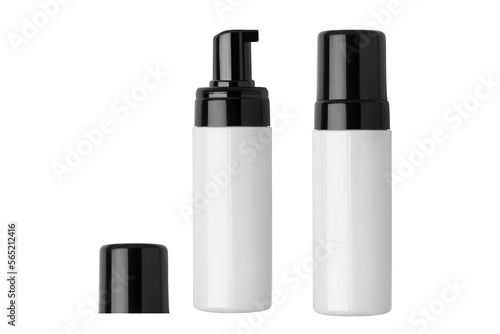 Cosmetic jars for facial foam, on a white background. Open jar for cosmetics, cosmetics cap next to the bottle, closed jar