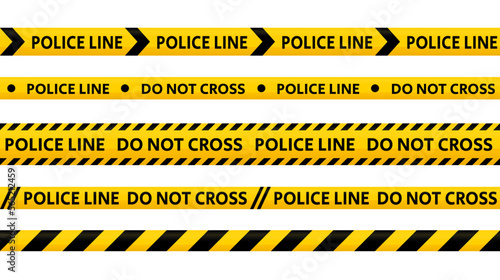 Police line do not cross tape set. Yellow and black caution stripes collection. Danger area or crime scene zone stripes background. Repeating vector 