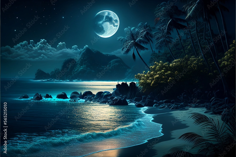 Fictional beach by the night moon Stock Illustration | Adobe Stock