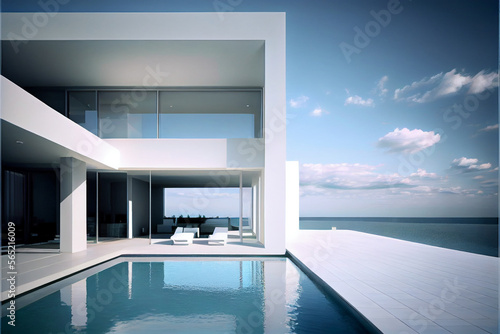 Luxury residential villa. Modern architecture with swimming pool and sea view. Generative AI illustration