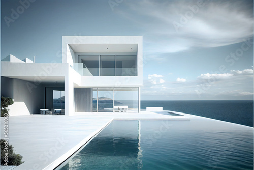 Luxury residential villa. Modern architecture with swimming pool and sea view. Generative AI illustration