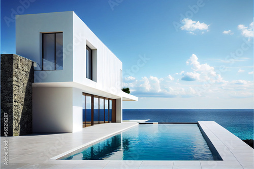 A beautiful residential villa. Modern architecture with swimming pool and sea view. Generative AI illustration