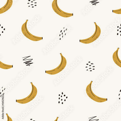 Creative kids seamless pattern with bananas. Bright and juicy summer print is perfect for baby textiles, accessories and scrapbooking. Cartoon yellow bananas and doodles. Boho style.