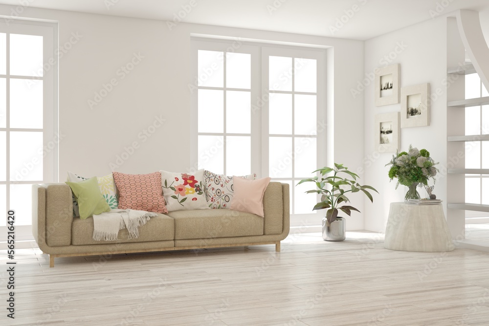 Fototapeta premium White living room with sofa. Scandinavian interior design. 3D illustration