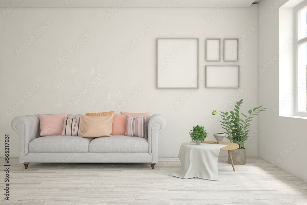 White living room with sofa. Scandinavian interior design. 3D illustration White living room with sofa. Scandinavian interior design. 3D illustration