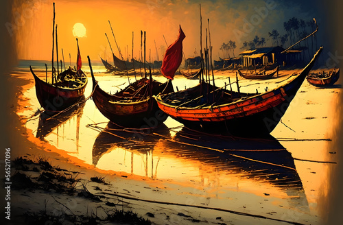 boat at sunset oil painting
