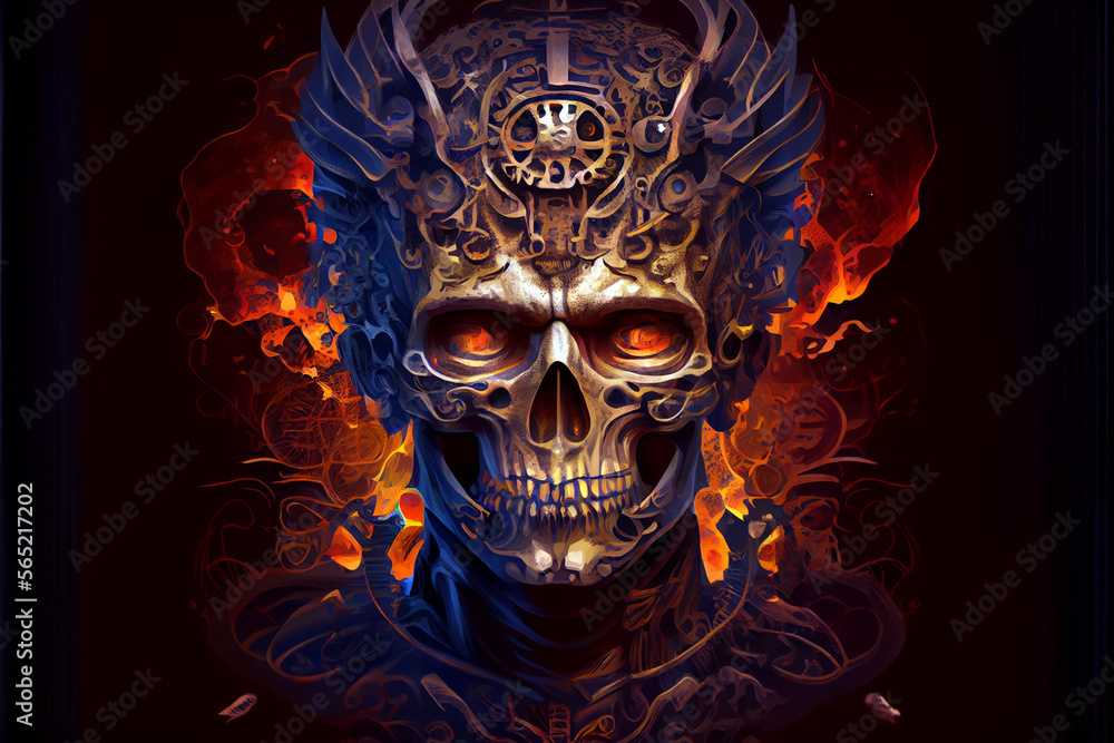 A steampunk skull face portrait with helmet and fire. Digital art style. Generative AI illustration A steampunk skull face portrait with helmet and fire. Digital art style. Generative AI illustration