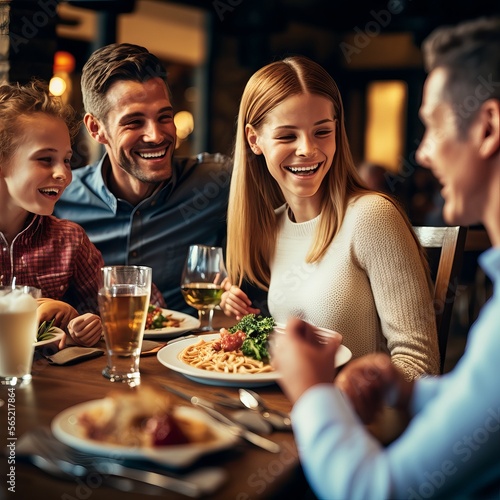 Smiling Family Enjoying Meal Together at Restaurant  generative AI 