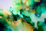 Green alcohol ink texture. Pastel tones with golden cracks on white. Generative ai illustration