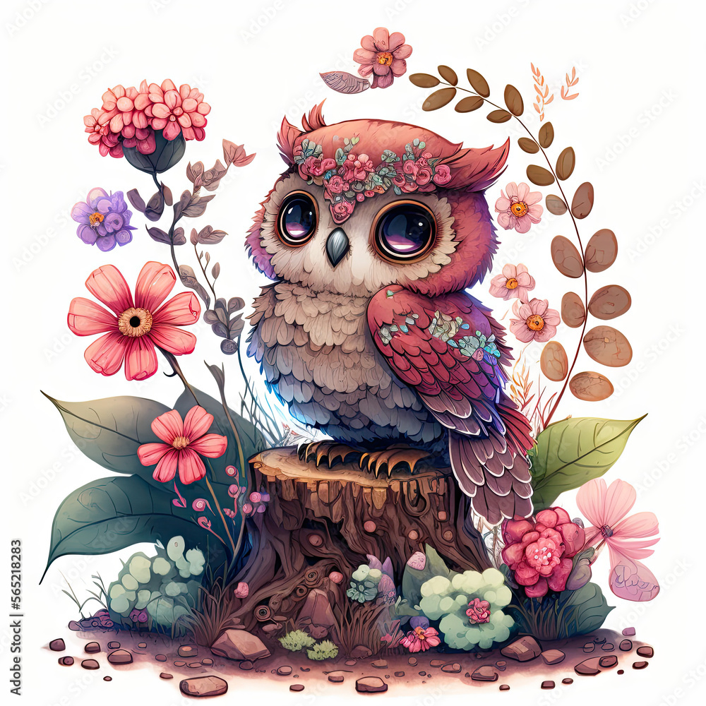 Watercolor cute baby owl in a forest, surrounded by flowers. AI Stock ...