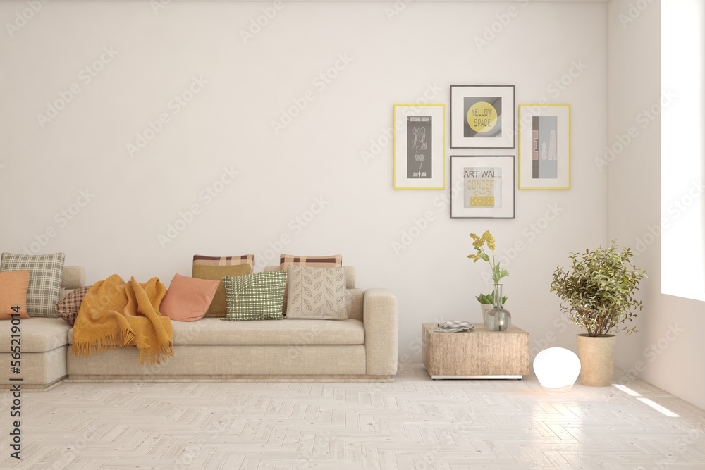 Fototapeta premium White living room with sofa. Scandinavian interior design. 3D illustration