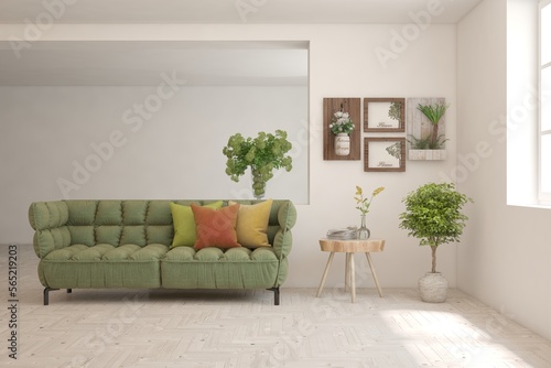 Modern living room in white color with sofa. Scandinavian interior design. 3D illustration