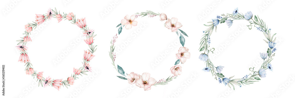 Cute wreath bouquet with green branches, ranunculus, wild flower Berry and leaf illustration in vintage watercolor style