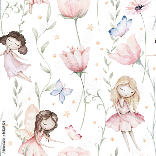 Foto Fairy and Flowers watercolor seamless girls nursery pattern