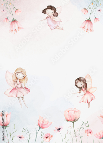 Foto Fairy and Flowers watercolor isolated kids illustration for girls