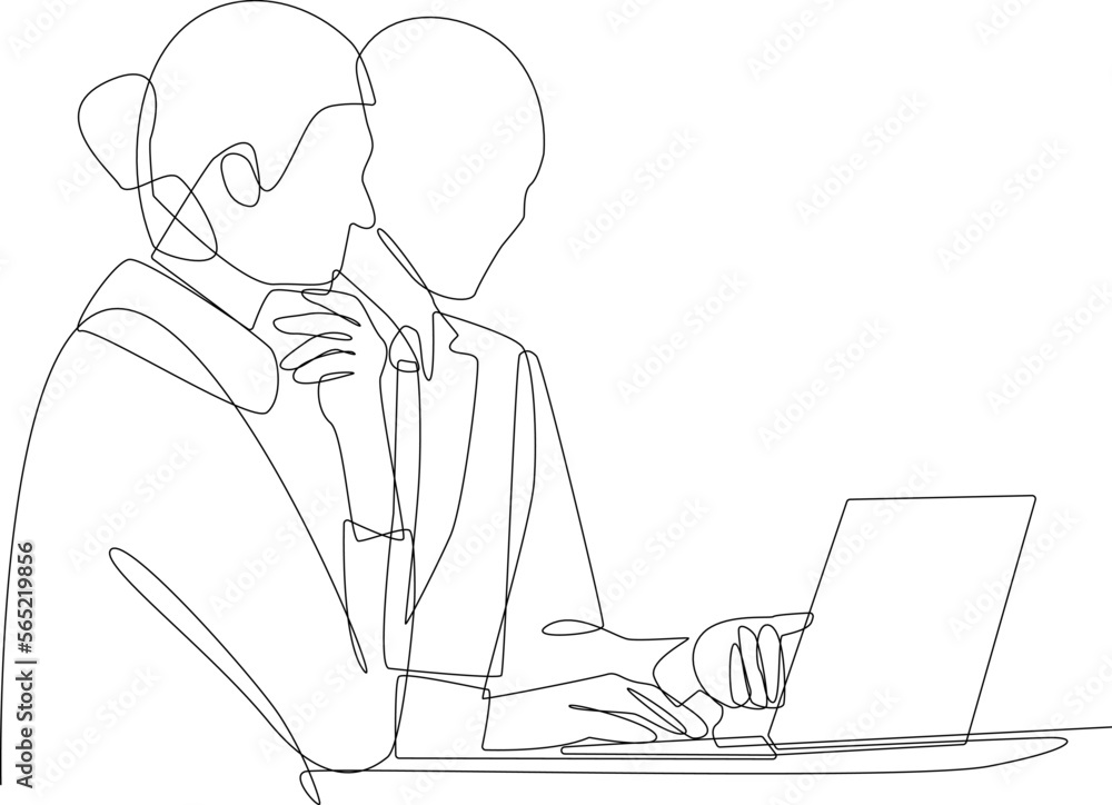 Continuous one line drawing businesswoman sitting and consulting with young professional man at office. Business consulting concept. Single line draw design vector graphic illustration. - obrazy, fototapety, plakaty 