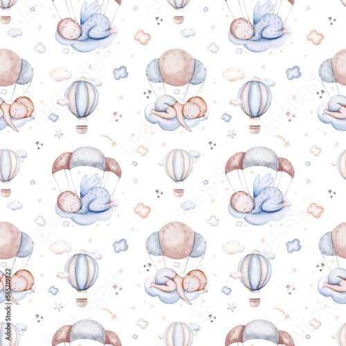 Watercolor newborn baby boy seamless pattern babies boy. Birthday blue background teepee new born baby and pregrand women