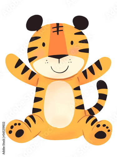 Fototapeta Naklejka Na Ścianę i Meble -  cute little tiger drawing with a bright demeanor and the smile of the cartoon tiger pattern