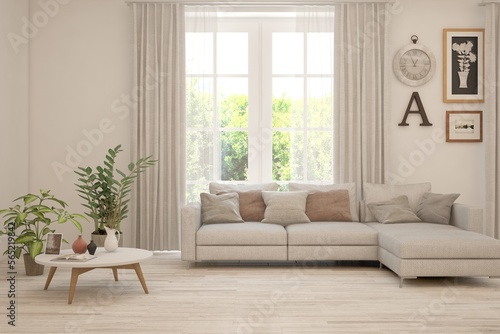 White living room with sofa and summer landscape in window. Scandinavian interior design. 3D illustration