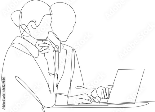 Continuous one line drawing businesswoman sitting and consulting with young professional man at office. Business consulting concept. Single line draw design vector graphic illustration.