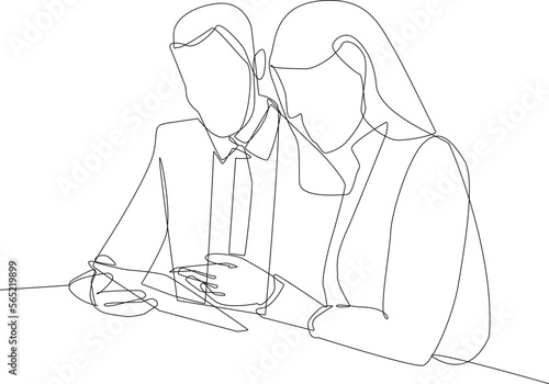 Continuous one line drawing businesswoman sitting and consulting with young professional man at office. Business consulting concept. Single line draw design vector graphic illustration.