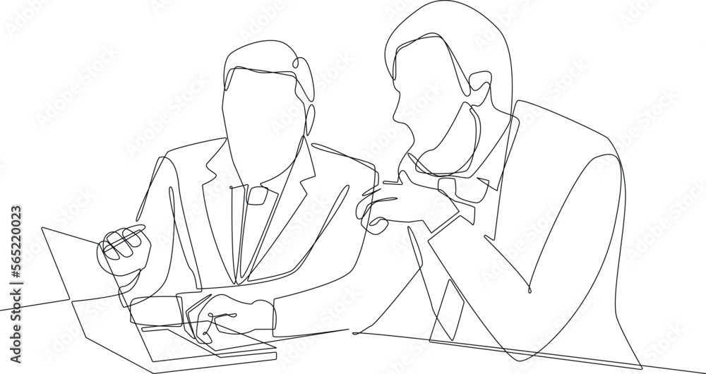 Continuous one line drawing two smart businessmen discussing project in office. Business consulting concept. Single line draw design vector graphic illustration. Continuous one line drawing two smart businessmen discussing project in office. Business consulting concept. Single line draw design vector graphic illustration.