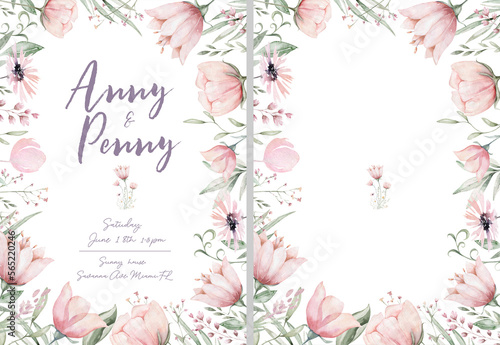 wedding birthday invitation card background with flower and botanical leaves, Watercolor. abstract art background design cover template. Save the date, baby shower