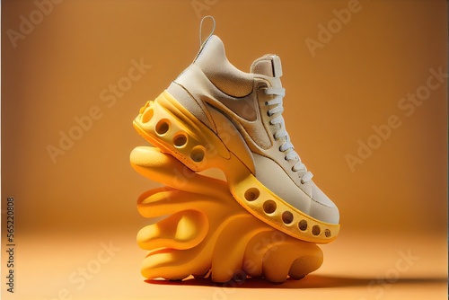 Bright & Bold: Jacquemus Yellow Molded Sneakers on Display - High-Resolution, Cinematic Photography of Eye-catching Orange, White, and Yellow Shoes © Flying Minds