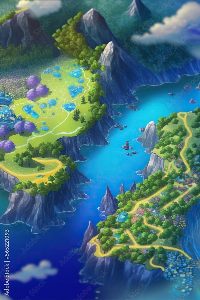 Vibrant Mountain City: An Ethereal Landscape of Clouds, Water, and Forest Paths