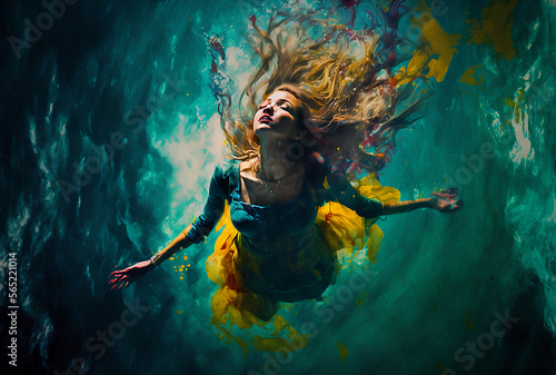 etherial woman swimming underwater wearing dress