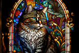stained glass window depicting a cat